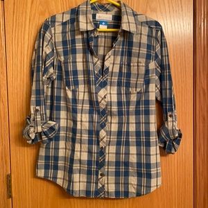 Columbia teal/white/grey plaid shirt. Size Large